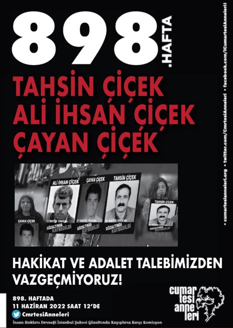 Yine, bir Cumartesi 
Yine, sessiz çığlık dağlıyor yürekleri !
#CumartesiAnneleri898Hafta