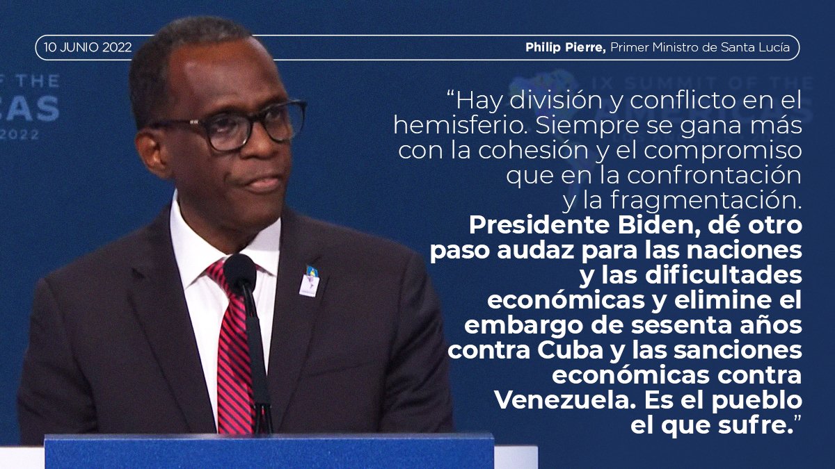 Fragmentos de la declaración de Philip J. Pierre, Primer Ministro de Santa Lucía 🇱🇨.

📌 IX Cumbre de las Américas.

#CumbreSinExclusiones