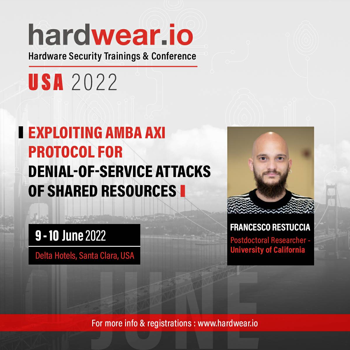 hardwear_io's tweet photo. ⚡Next Up

📀Francesco Restuccia in this talk will demonstrate on how 💡AMBA AXI one of the most popular standards for implementing on-chip communication on modern #SystemonChips can be exploited 

#hw_ioUSA2022 #hardwaresecurity https://t.co/wullmrYUHF