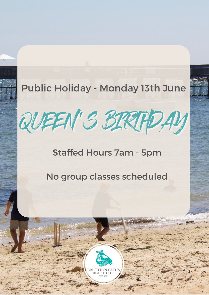 BrightonBaths's tweet photo. Happy Queens Birthday weekend! If you’re planning on coming down on Monday for a steam or swim, our staffed hours are 7:00am - 5:00pm. Remember that all proceeds for Casual steam and swims go to FightMND this weekend. Come in and get involved!
#brightonbathshealthclub #fit #fun https://t.co/qguboBo2NY