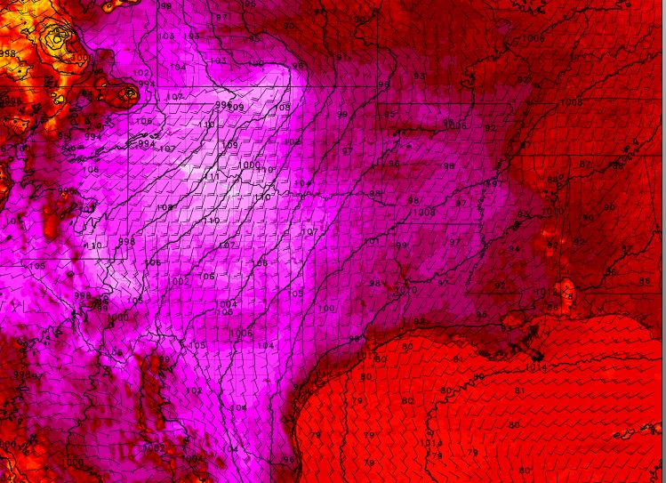 WxSavants's tweet photo. The heat really kicks in across the central and southern plains this weekend with 90s in place and heat indices around 100-105, fun fun. #WxSavants, https://t.co/kyl02rw8rA https://t.co/VAdg6zuhey
