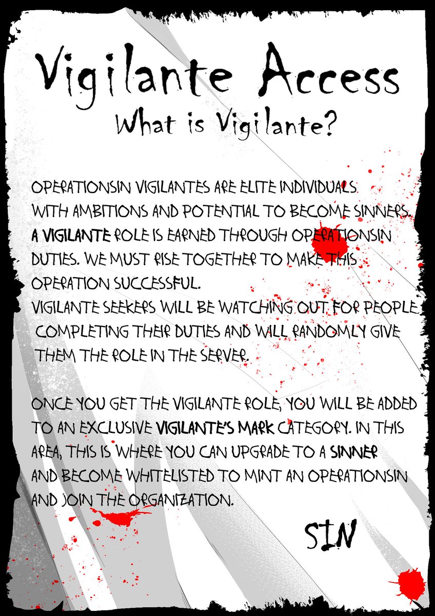 Be part of the Operation ⚔

We must rise together 🔥🔥 Nominations to get a chance to become a Vigilante are STILL open

Role call
"Like, RT, comment"

<a href="/operationSIN/">operationSIN</a> <a href="/AkiraethNFT/">Akira</a> <a href="/__Bolt_0__0/">Bolt | Operation SIN</a> <a href="/0xLolita/">0x Lolita</a> <a href="/LangCrypto/">CryptoLang</a> <a href="/HatoETH/">Hato</a> <a href="/NFTLlama/">NFT Llama</a> <a href="/Jacktavo/">Jacktavo</a> <a href="/MrNoTilt/">NoTilt.sui 🦭/acc「🦑」🐽</a> <a href="/EyePits/">Chef 🅱️E🅰️N_NFT</a>

#SINNERS #SIN
