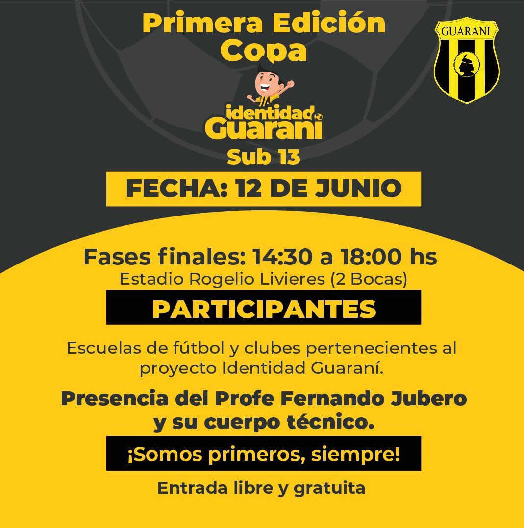 ClubGuarani's tweet photo. ¡LA INVITACIÓN ESTÁ HECHA! 🤩

Vení a disfrutar en familia del Primer Torneo Nacional Sub 13 organizado por un Club de Primera.

Te dejamos la info completa 👇🏻

Formá parte de esta gran fiesta deportiva para nuestra Familia Aurinegra 💛🖤

#SomosPrimerosSiempre
#IdentidadGuarani https://t.co/ca29G7N1Ki