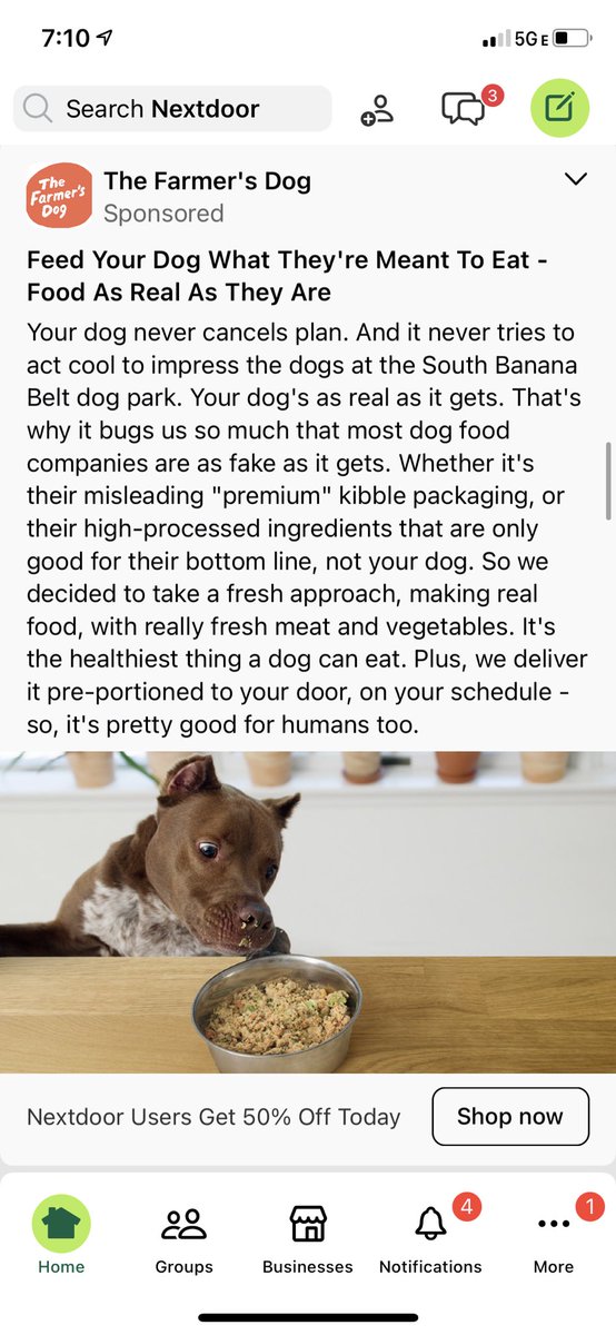 Hi ⁦<a href="/thefarmersdog/">The Farmer's Dog</a>⁩ - some folks in my community want to know why you’re using a photo of a pup with cropped ears in your ads. Isn’t ear cropping a pretty awful practice? Do you support elective ear cropping? As a rescue pittie owner - I don’t.