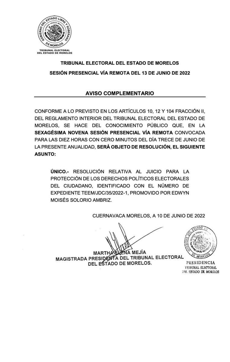 TEEMorelos's tweet image. 📢#AvisoComplementario | Se hace del conocimiento público que, en la Sexagésima Novena #SesiónPresencialVíaRemota del @TEEMorelos convocada para las 10:00 Hrs. del día 13 de junio de 2022, será objeto de resolución, el siguiente asunto:

▶️ Vía YouTube: youtu.be/3qI1yx0lLbc
