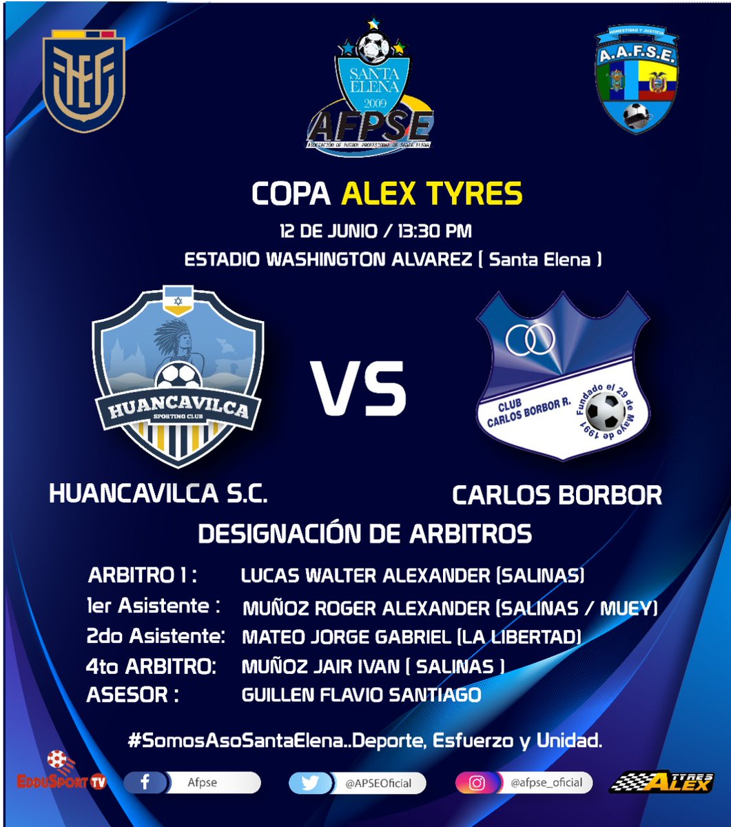 - Programación Oficial de la 5ta. Fecha del XIV Campeonato Provincial de 2da. Categoría 2.022 - COPA ÁLEX TYRES 

- Designación de Árbitros y Asesores. 
- Grupo #1 
- Jornada de día Domingo 
- Estadio Washington Álvarez, Ancón 

#SomosAsoSantaElena...
Deporte, Esfuerzo y Unidad