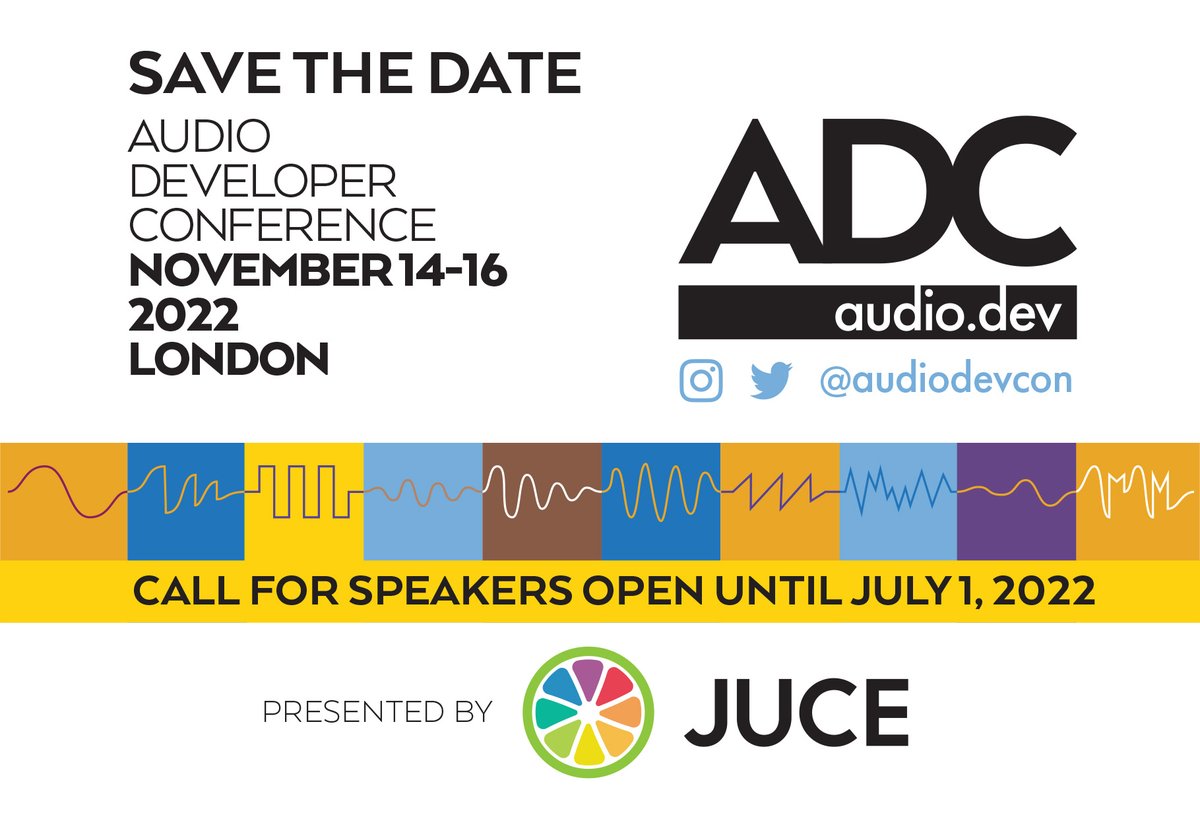 The #ADC22 Call for Speakers is now open!
audio.dev/call-for-speak…

Audio Developer Conference
Nov 14-16, London &amp; Online

#audio #developer #programmer #programming #community #music #technology #software #DSP #DAW #plugins #gameaudio #synthesizer #MIDI