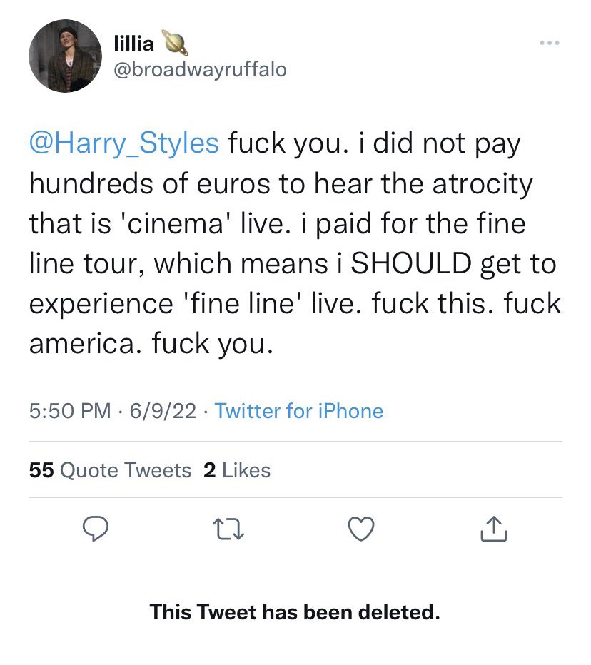 musicforapoet's tweet photo. some of you just need to unstan harry at this point because he doesn’t need to be associate with this kind of energy. i get being disappointed that some of your favorites aren’t on the setlist, but to act like a spoiled, petulant brat is not it. harry doesn’t owe you shit! https://t.co/LYEHQb13SN