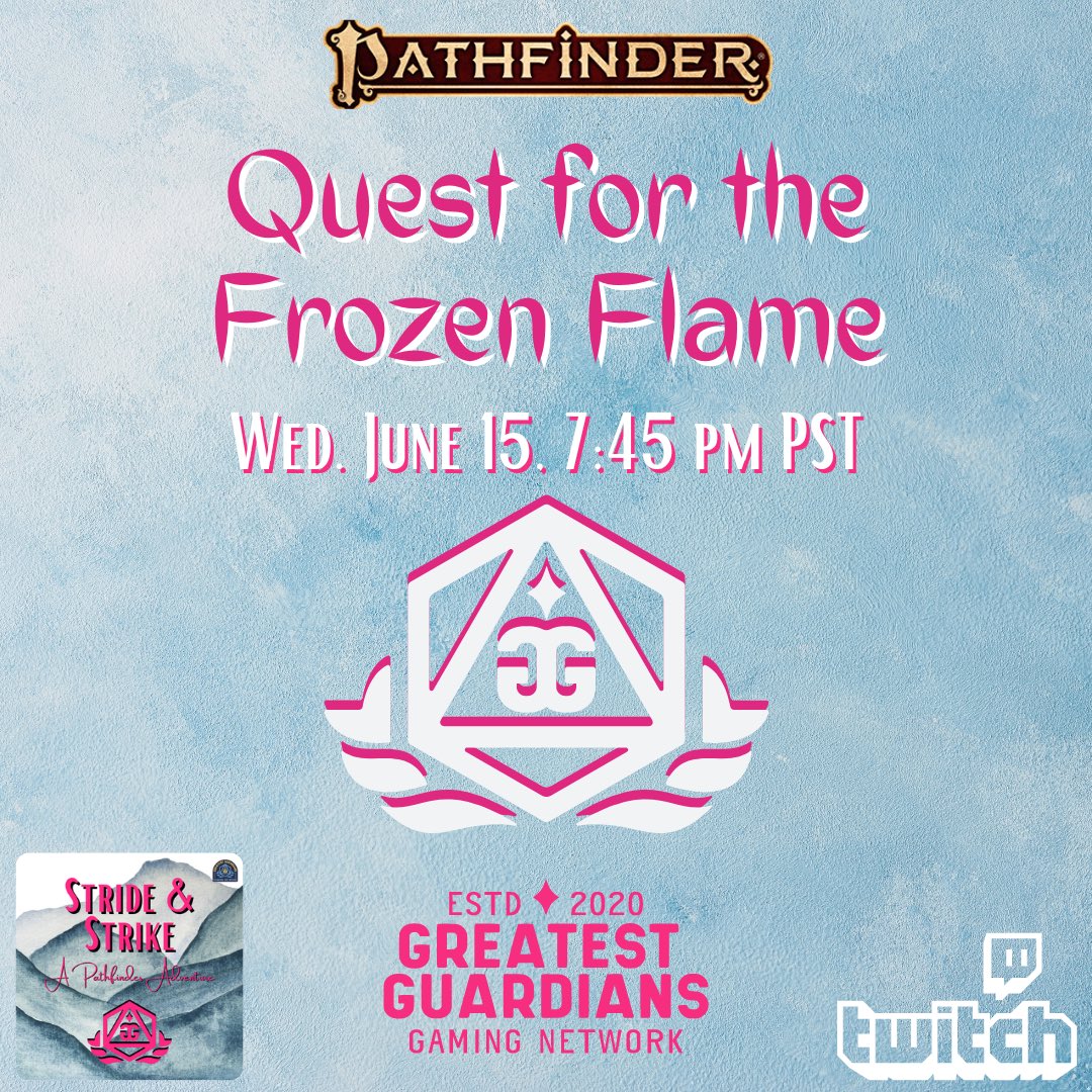 <a href="/Paizo/">Paizo</a>’s #Quest for the Frozen Flame continues on Wednesday with #Greatest #Guardians #Gaming!

Please join us live on #Twitch at twitch.tv/greatestguardi…!

#pathfinder #pf2e #fantasy #adventure #hunter #gatherer #huntergatherer #magic #dungeonsanddragons #dnd #stream #livestream