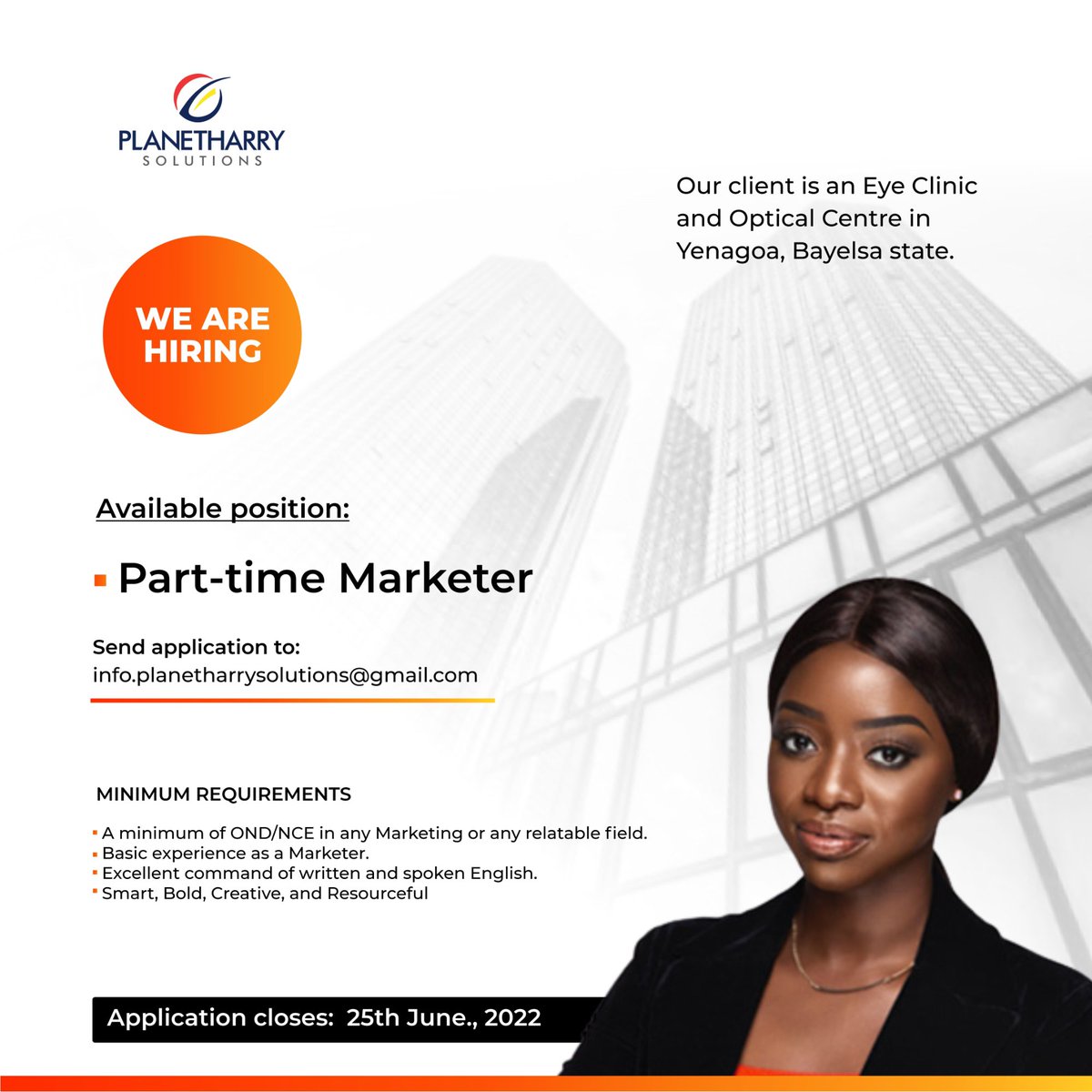 1Porbenihere's tweet photo. We are hiring a Part-Time Marketer for an Eye Clinic and Optical Centre in Yenagoa Bayelsa state.

Check the flyer for details and instructions.

#Planetharry https://t.co/kjPBleMPdT