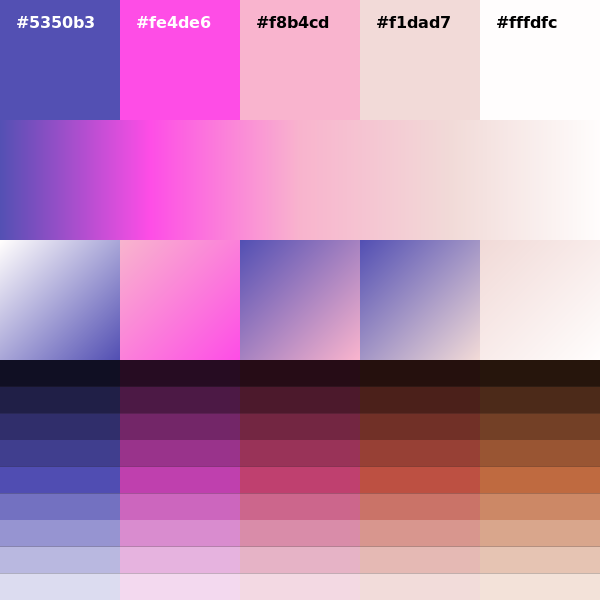 palett_es's tweet photo. #5350b3 #fe4de6 #f8b4cd #f1dad7 #fffdfc #generative #design #colors #colorScheme #palette Download it from: https://t.co/83OzcFKkqO https://t.co/v30xhy7j35