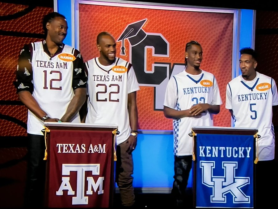Khris Middleton stands with DeAndre Jordan to represent Texas A&M on Jimmy Kimmel Live!