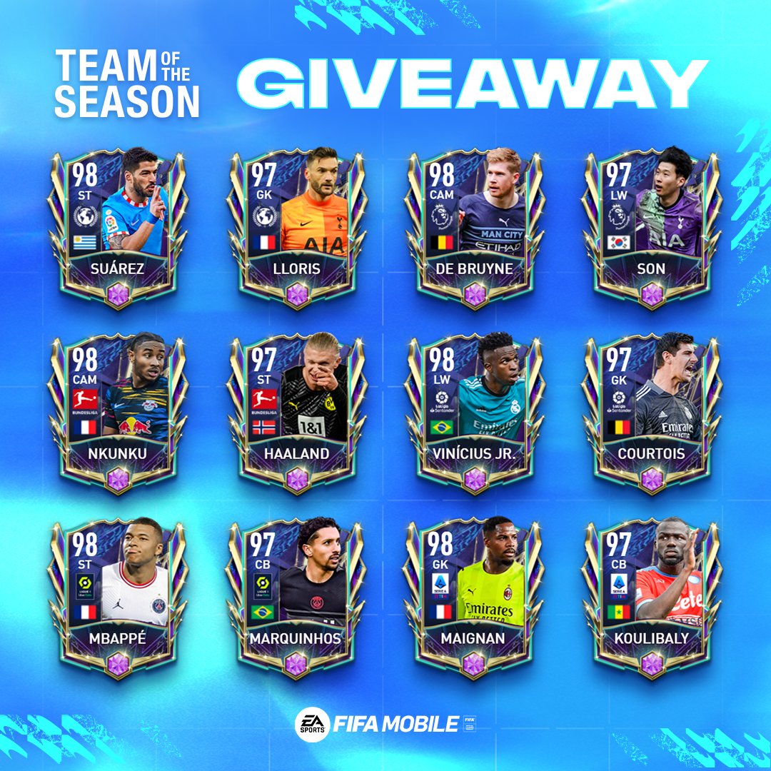 We're giving away a Special Edition #TOTS Player to 3 winners! 🔥

To enter:
✅ Follow us
🔁 Retweet us

Must be 18+ to participate. 3 winners will be drawn in 48 hrs. #FIFAMobileGiveaway