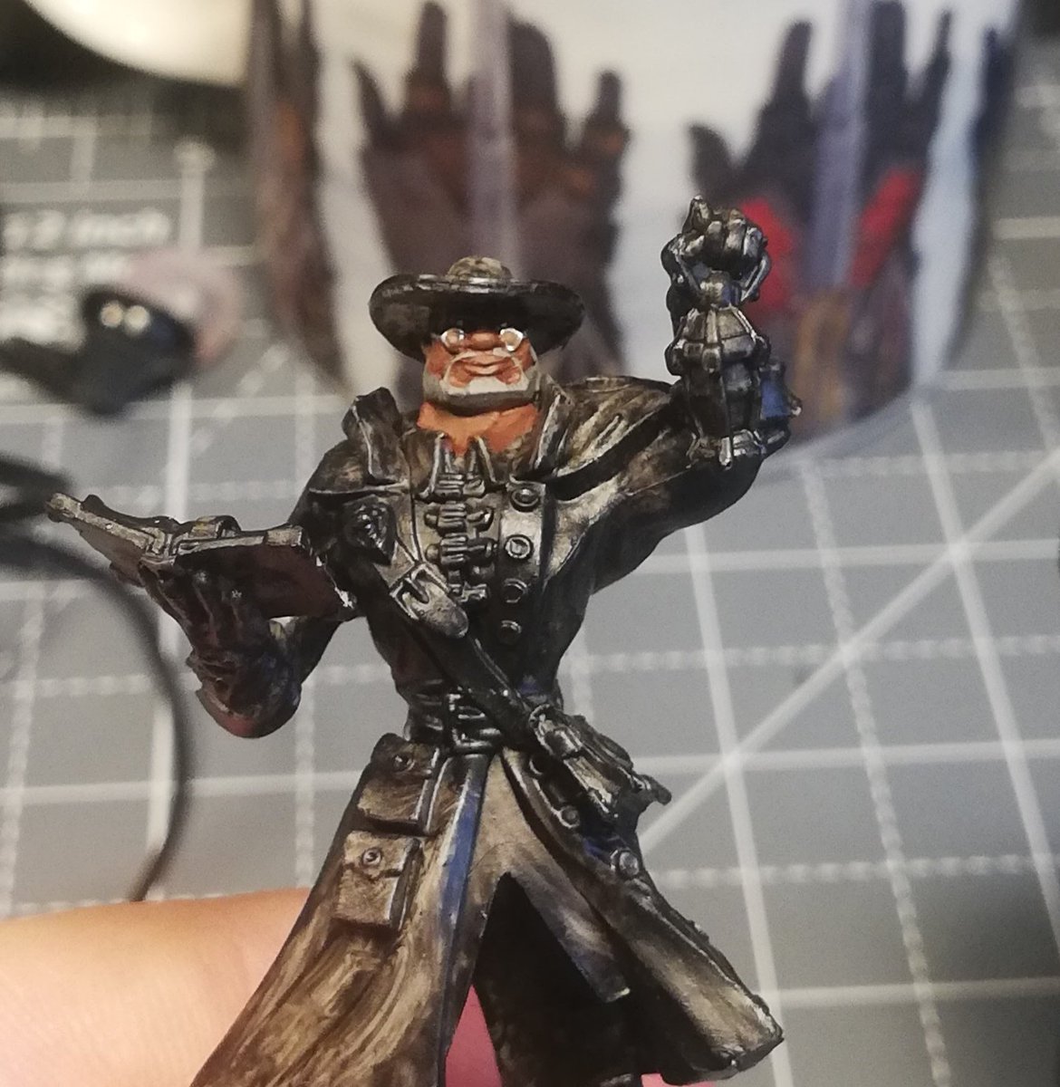 Starting Amos.  Pretty happy with his face, once the coat is painted it should pop nicely!  #wepaintminis #boardgames #paintingminiatures #paintingboardgames
