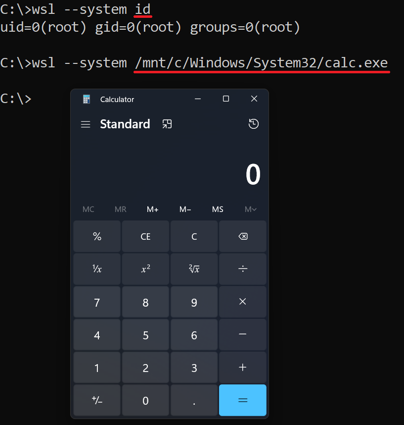 In addition to the documented "-e/--exec" flag in #lolbas about the "wsl.exe" binary (lolbas-project.github.io/lolbas/OtherMS…). We can also use the "--system" flag to run Linux (as root) /Windows commands.

wsl --system [Command]