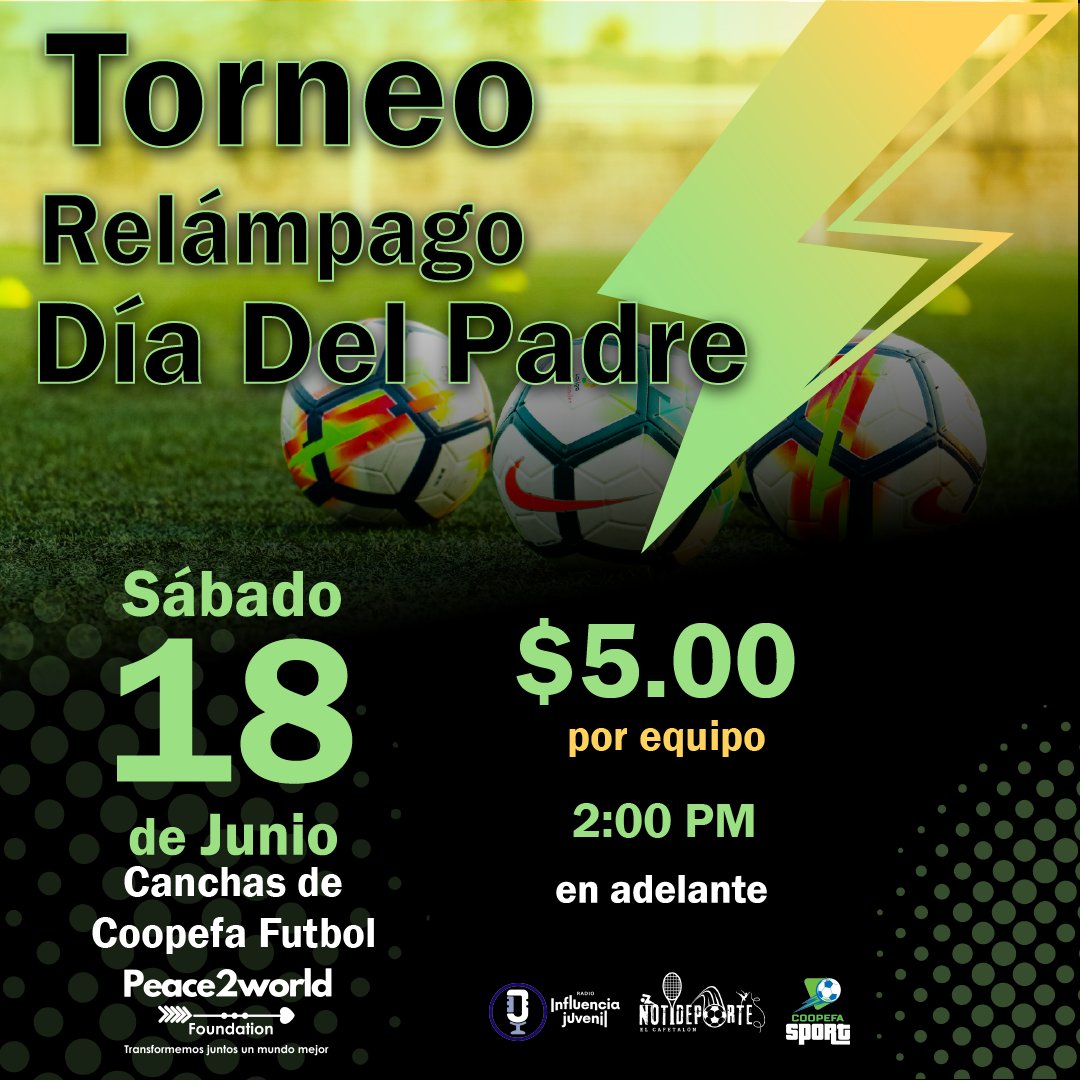 Peace2world_org's tweet photo. ¿Ya te inscribiste en nuestro torneo de futbol? 🤩🙌 ¡Arma tu equipo!
Para celebrar el mes de papá, como #Peace2WorldFoundation hemos organizado un torneo relámpago de fútbol rápido para que disfrutes tú y tu familia en #coopefasport 😉 https://t.co/HkpzLk2NTR