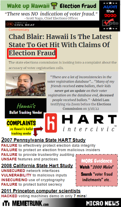 BookemErin1's tweet photo. #Hawaii thinks it had untampered #elections using #ballottracking equip w/ KNOWN weaknesses. Our 'elected' #Ige then #appoints DOH, BOE, HIDOE, judges+ that EXTENDED keiki masking in gov schools & pushed transgender/CRT crap. Watch #2000Mules free! >>> https://t.co/eTdiRLHg7Q https://t.co/bIUAYr63uh
