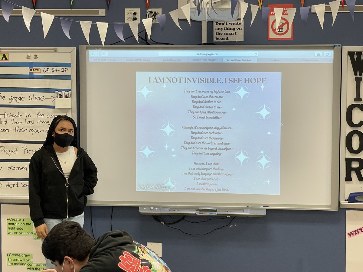 Late Upload

Inspired by the mentor poets &amp; texts(poems) that we have studied, my <a href="/englishisfunlhs/">Mr. V’s English 9 Class</a> scholars were asked to create an original poem with their own theme, “Surviving with Hope.”  My scholars did a fantastic job in sharing their work. <a href="/HSRELATweets/">HS RELA</a> <a href="/LargoLionsHS/">Largo High School</a>