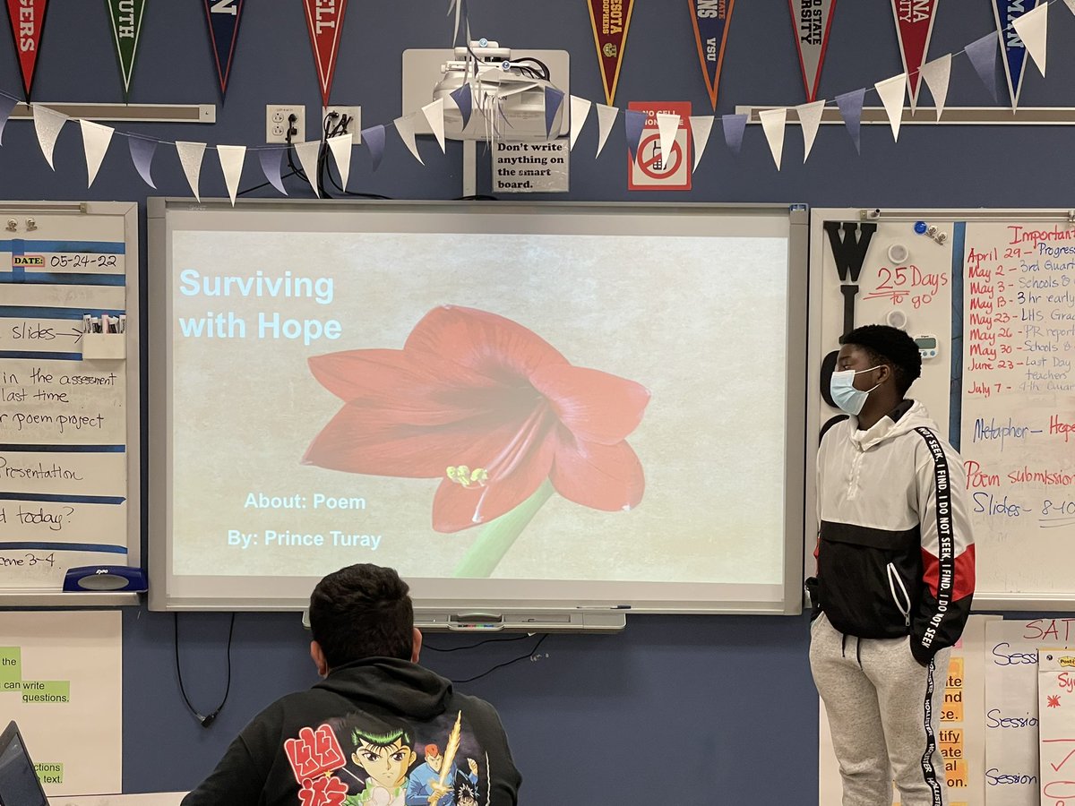 teach2dfuture's tweet photo. Late Upload

Inspired by the mentor poets &amp; texts(poems) that we have studied, my @englishisfunlhs scholars were asked to create an original poem with their own theme, “Surviving with Hope.”  My scholars did a fantastic job in sharing their work. @HSRELATweets @LargoLionsHS https://t.co/T5rZv5xGhX