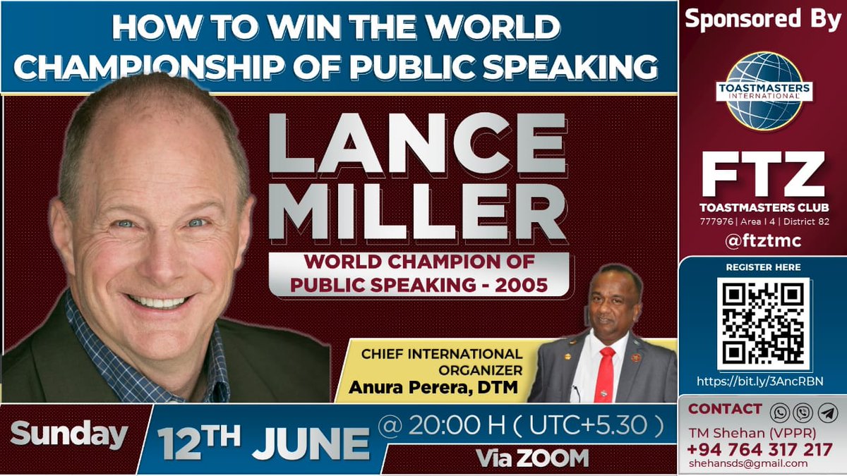 || "HOW TO WIN THE WORLD CHAMPIONSHIP OF PUBLIC SPEAKING " || 

The #International Training Program  by Lance Miller , World #champion of #Public #speaking - 2005 

Registration Link :- bit.ly/3AncRBN