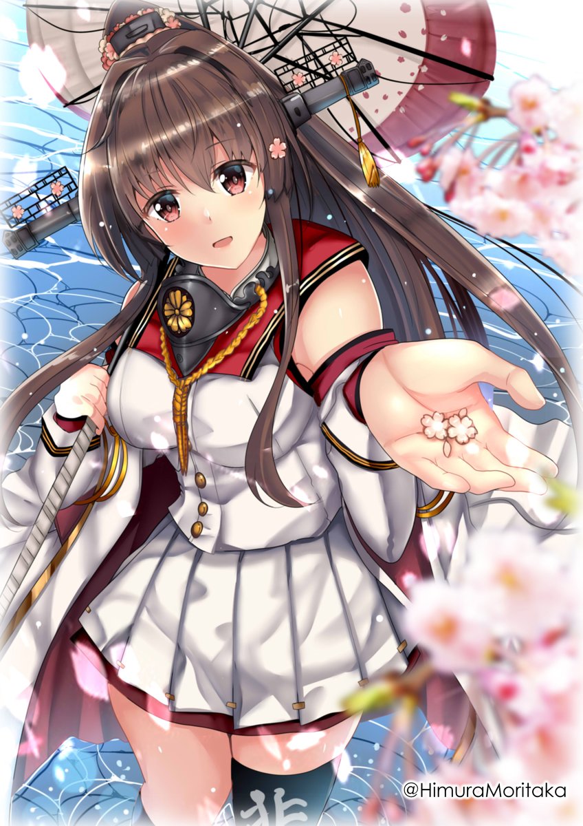yamato (kancolle) 1girl solo long hair umbrella brown hair oil-paper umbrella cherry blossoms  illustration images