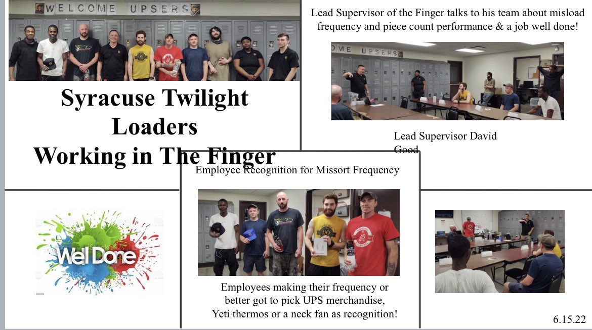 EmpireDiv0736's tweet photo. UPS Syracuse Twilight Hub - Employee Recognition for Missort frequency. Lead supervisor of the Finger talks to his team about mislead frequency and piece count performance &amp; a job well done!  #upsrecognition #upsers #empiredistrict #waytogoteam! # https://t.co/6M9UJYzlht