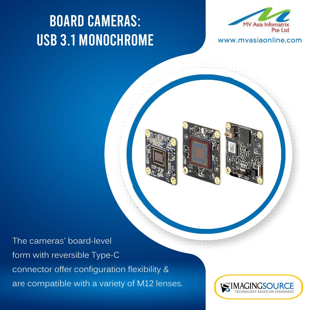 mvasiasingapore's tweet image. IMAGING SOURCE

BOARD CAMERAS: USB 3.1 MONOCHROME

The cameras' board-level form with reversible Type-C connector offer configuration flexibility.

Visit: mvasiaonline.com | Call: +65 81501572 | Email : info@mvasiaonline.com

#MVAsia #controllers #imagingsource #cameras