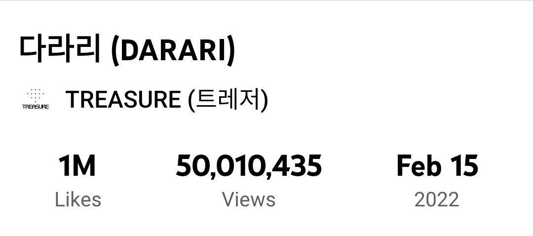 YEDAMCHARTS's tweet photo. [061122] 🎬YOUTUBE

DARARI (다라리) has now surpassed 50,000,000 YouTube views. Congratulations! 🔥 ✨

#TREASURE_DARARI
#TREASURE #BANGYEDAM
@treasuremembers https://t.co/D5yYiYbRvF