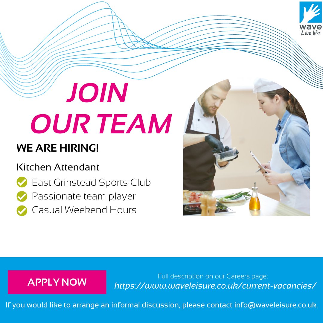 We are Hiring!

Join our team as a Kitchen Attendant at East Grinstead Sports Club. Check out all the details of this opportunity on our website and we look forward to your application! waveleisure.co.uk/current-vacanc…