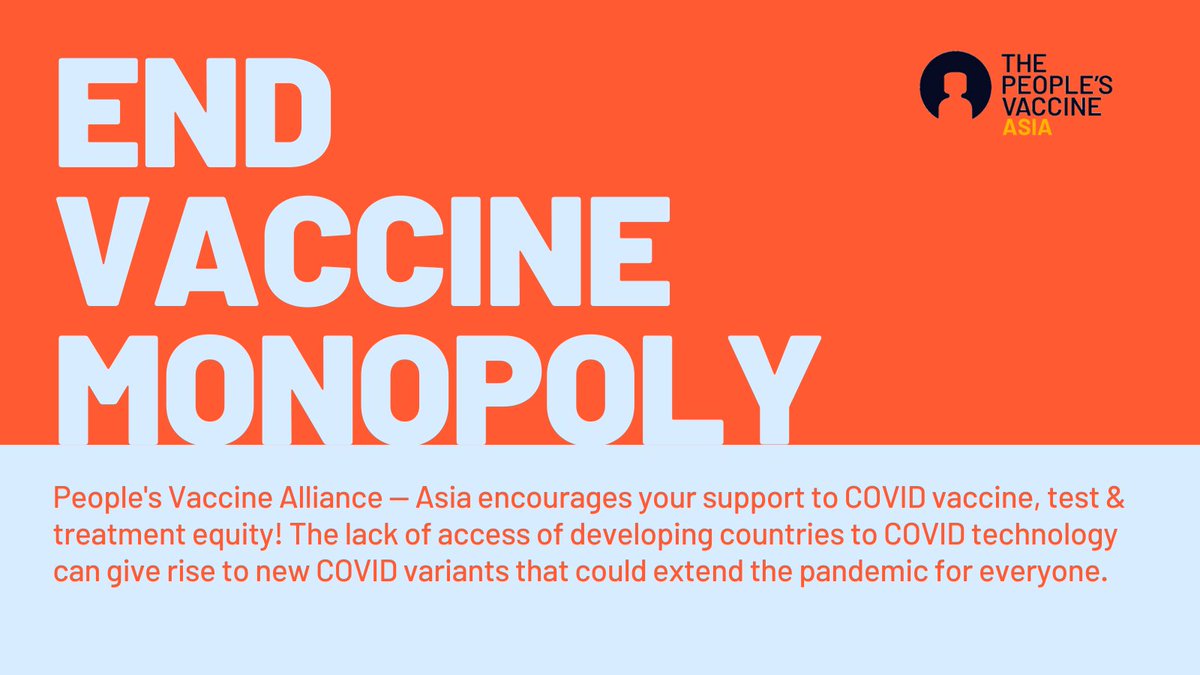 <a href="/cprh_ph/">Coalition for People's Right to Health</a> &amp; <a href="/PVA_Asia/">#PeoplesVaccine Asia</a> encourage your support for COVID vaccine, test &amp; treatment equity! Without access to COVID technology, developing countries may suffer from health systems collapse that can potentially result in socio-economic losses! #EndCOVIDMonopolies