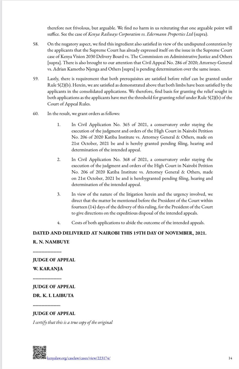 NelsonHavi's tweet photo. The AG, President Uhuru Kenyatta and CJ Martha Koome appealed against the decision directing swearing-in of the 6 Judges. They got stay of the decision of the High Court in a Ruling delivered by Justices Nambuye, Karanja and Laibuta. CJ Koome, we are not as foolish you may think. https://t.co/lhcFt20rk1