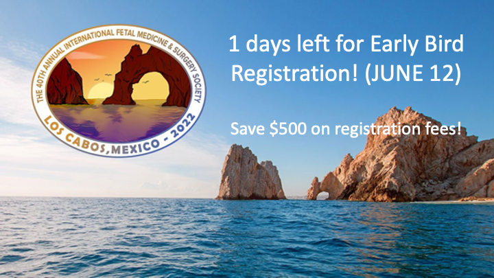 Join us at the 40th IFMSS meeting on Nov 7-12 at Los Cabos, Mexico!

🚨 🚨 Only 2 days  (📅 June 12 ) left to save $500 with Early Bird Registration 🚨 🚨 
Register at ifmss2022cabo.org

#IFMSS2022 #MaternalHealth #NeoTwitter #ObGynTwitter #fetaltherapy