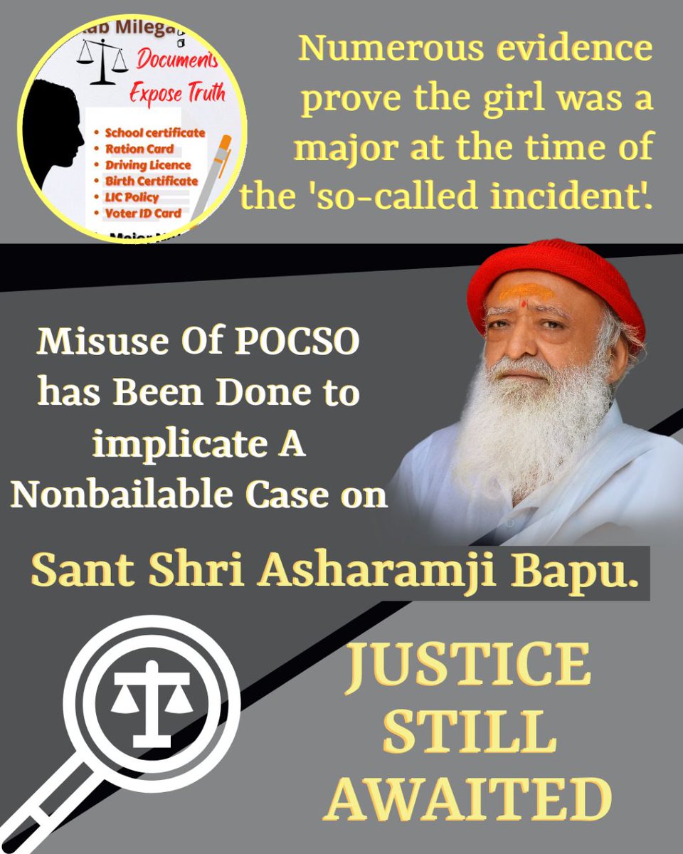 AshramGzb's tweet photo. Innocence Clearly Visible in Sant Shri Asharamji Bapu Case.
13 age #DocumentsExposeBluff !
As per them, girl was adult at the time of alleged incident.
Clearly, there's #NoBaseOfPocso !
Why #EvidencesNeglected ??
Justice Still Awaited for #InnocentSaint.
#Release_Bapuji https://t.co/N3Y26ZQh22