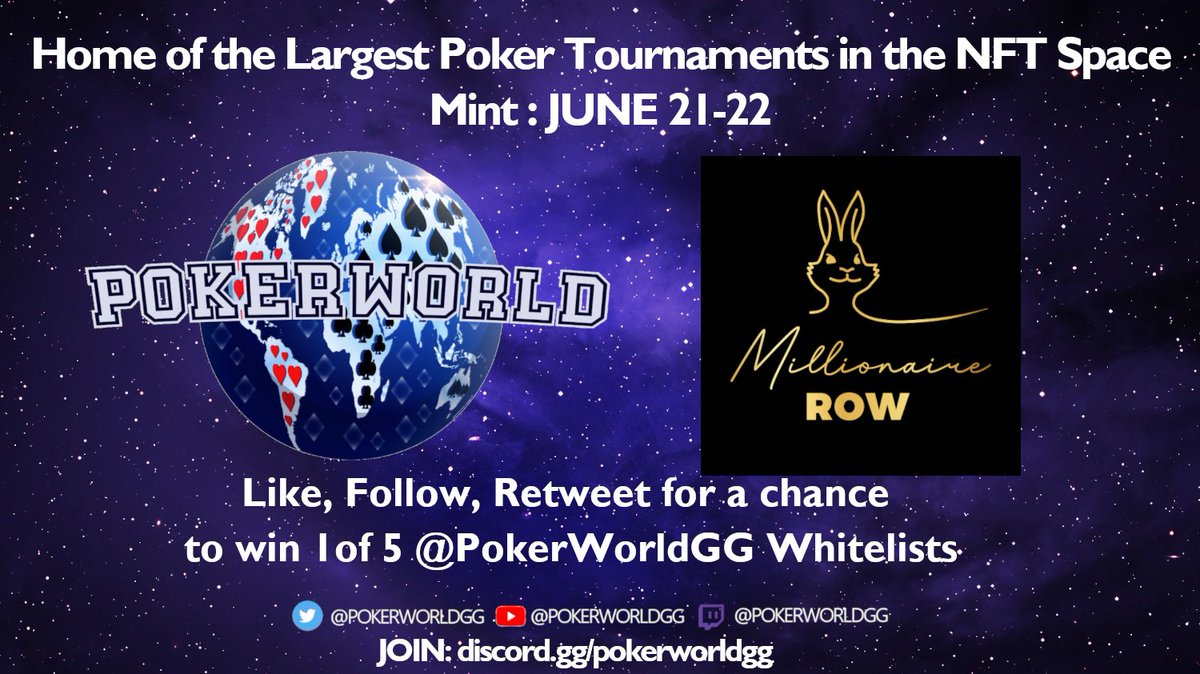 Our collab project of the day is... <a href="/Mrownft/">Millionaire Row</a> who are also minting in June!

We'll be celebrating our amazing collab partners &amp; #NFTProjects on the daily up until our #MINT on JUNE 21st!

Join: discord.gg/pokerworldgg

Like, RT &amp; follow for a chance at 5 #WLGiveaways

#WLGiveaway
