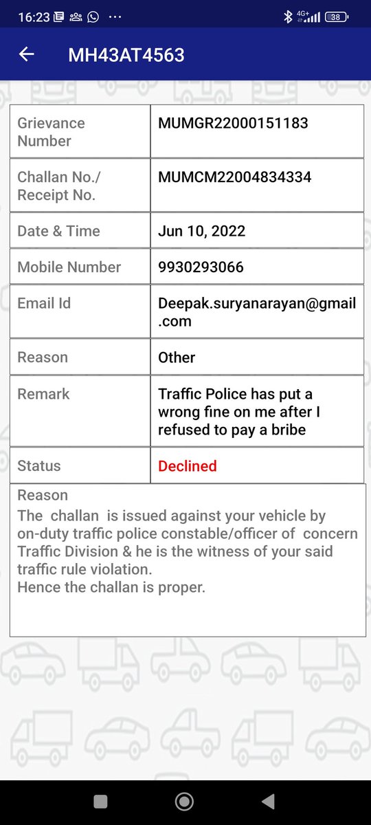 desury's tweet photo. @MumbaiPolice @amitsurg I have been challaned for an incorrect offence and I also raised grievance thru MumbaiTraffic app which has been declined, can you kindly explain what the violation was because your grievance system seems to be supporting the police constable only . https://t.co/R0l0hwxOlx https://t.co/o6d8Aqv7Dj