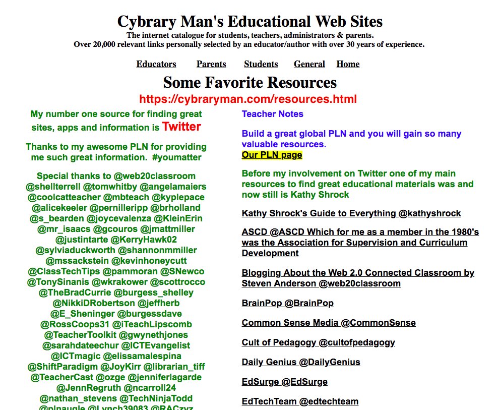 cybraryman1's tweet image. Some of My Favorite Resources cybraryman.com/resources.html  Building a varied &amp;amp; strong PLN (Personal Learning Network) will help you get the best resources and help you need to best facilitate the learning of students. #satchat
