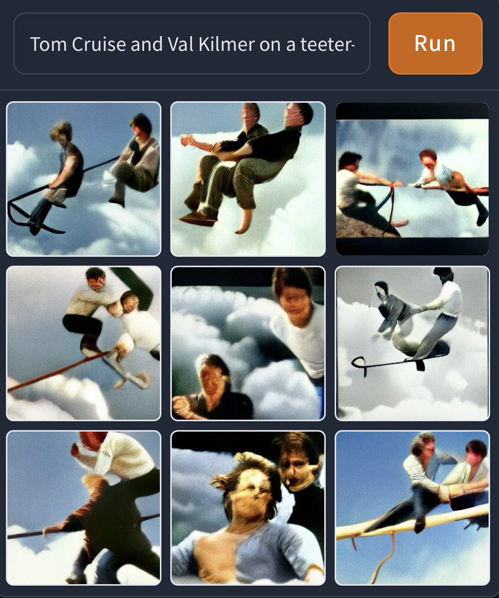 andrewring's tweet photo. “Tom Cruise and Val Kilmer on a teeter-totter in the clouds” 
bless you @huggingface 
cc @nocontextmemes https://t.co/hbfYD5nlAN