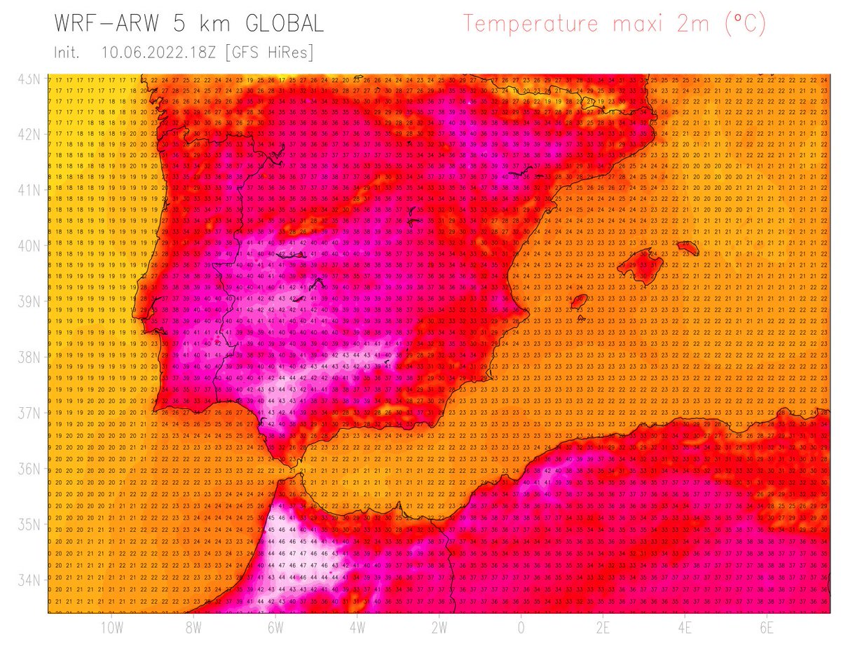 Week-end très chaud sur la péninsule Ibérique, avec des températures pouvant atteindre 44°C demain dimanche en #Andalousie.
Jusqu'à 47°C prévu par ARW 5km sur le nord du #Maroc. 
