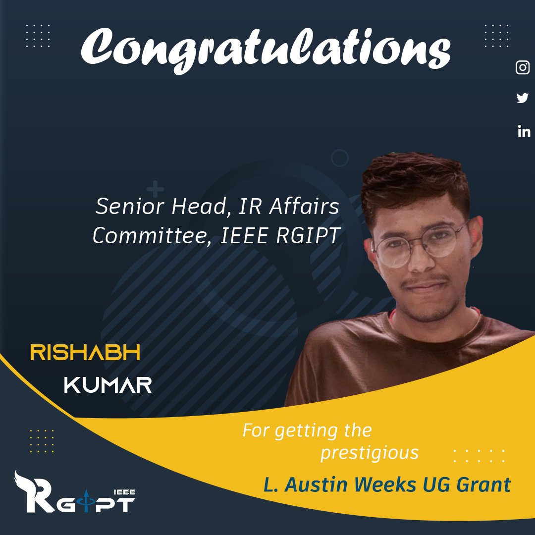 IRgipt's tweet photo. The IEEE Rgipt student branch is overjoyed to congratulate Mr Rishabh Kumar (Sr. head IR affairs) and Mr Shardul Tripathi (Sr. head Editorial)on their hard effort, which has finally paid off in the form of the famous L Austin scholarship. 
Regards 
IEEE RGIPT SB 
#rgipt #ieee https://t.co/RGKz70gjQG