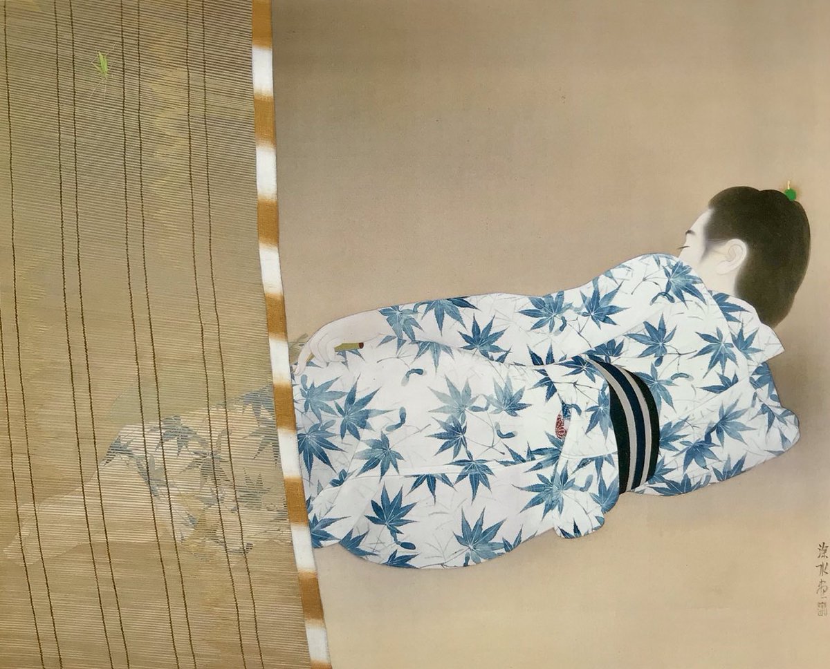 azukimuseum's tweet photo. 61 #伊東深水 #Azukimuseum
浮世絵から受け継がれた日常の仕草のなかにある女性の色香をさりげなく見事に表現している。
「指」や「湯気」とともに大正時代の深水前期の代表的作品。
伊東深水(1898-1972)
宵 1933 79・6×99.0
埼玉県立近代美術館 https://t.co/qAQyn2wyVX