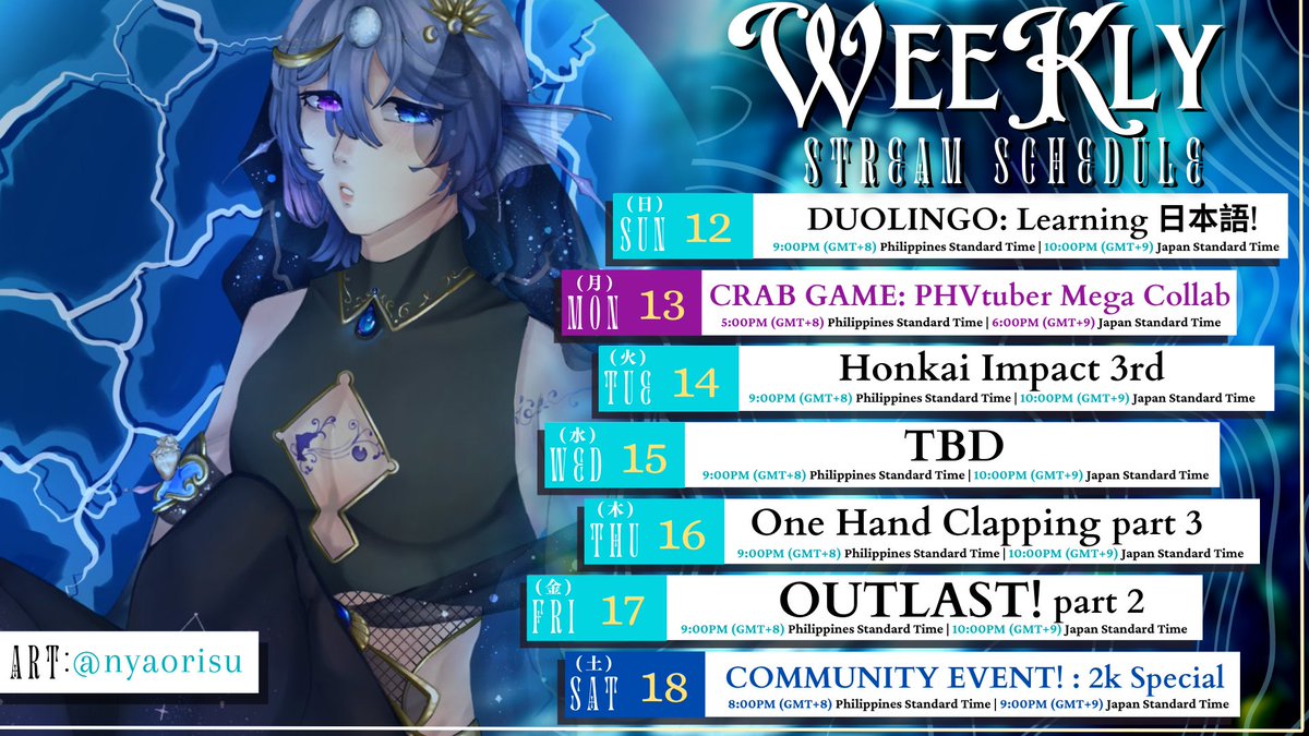 HaruoMizuno_'s tweet photo. 🐬WEEKLY SCHEDULE💧
June 12, 2022 - June 18, 2022

General: #HaruoMizuno
Live Stream: #HaruOnLIVE
Art: #HaruOnART 
NSFW: #maHARUOt
Memes: #susFISHous
Clips: #HaruOunce
Fans: #DisFANser

Art: @nyaorisu 

#PHVtuber #ENVtuber #VtubersEN #Vtuber https://t.co/98emuO4yhz