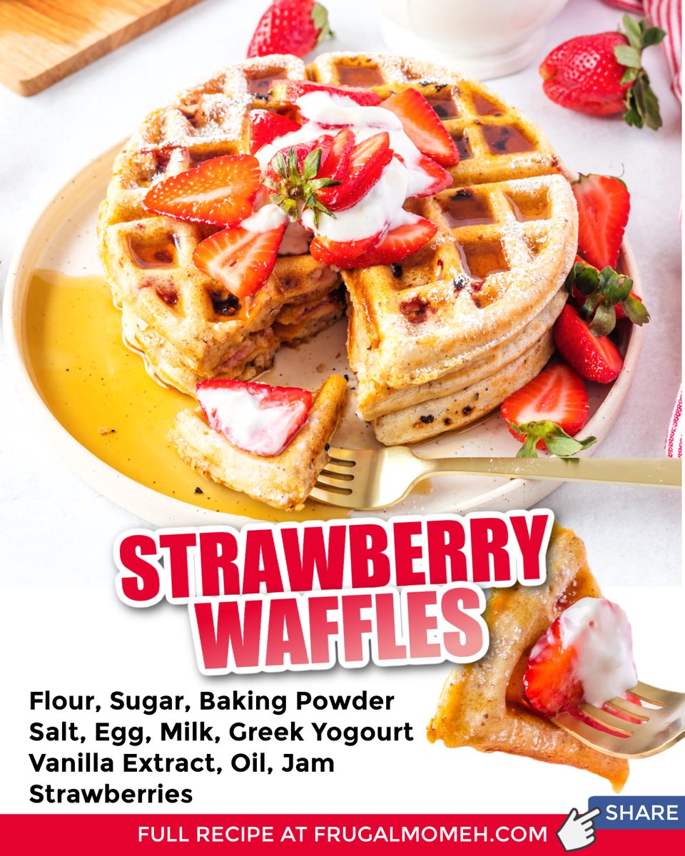 This recipe makes homemade strawberry waffles that are light, fluffy, and loaded with fresh strawberries. The perfect weekend breakfast treat!

Get the FULL recipe &gt;&gt; frugalmomeh.com/strawberry-waf…