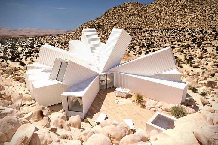 parametricarch's tweet photo. Joshua Tree Container House By @whitaker_studio. Whitaker has envisioned an "exoskeleton" made of shipping containers painted bright white. The containers appear like a starburst, with cuboid forms pushing out in all directions. https://t.co/ZcG1Bm8P5L