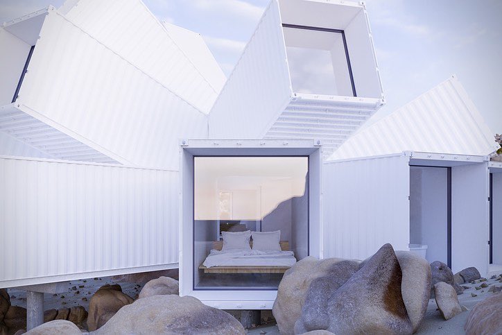 parametricarch's tweet photo. Joshua Tree Container House By @whitaker_studio. Whitaker has envisioned an "exoskeleton" made of shipping containers painted bright white. The containers appear like a starburst, with cuboid forms pushing out in all directions. https://t.co/ZcG1Bm8P5L