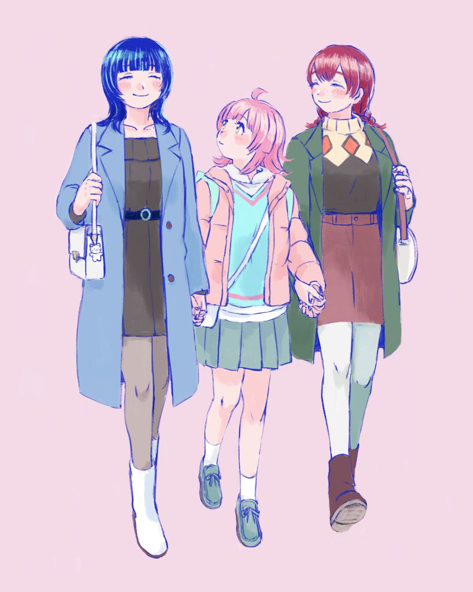 multiple girls 3girls pantyhose pink hair bag skirt holding hands  illustration images