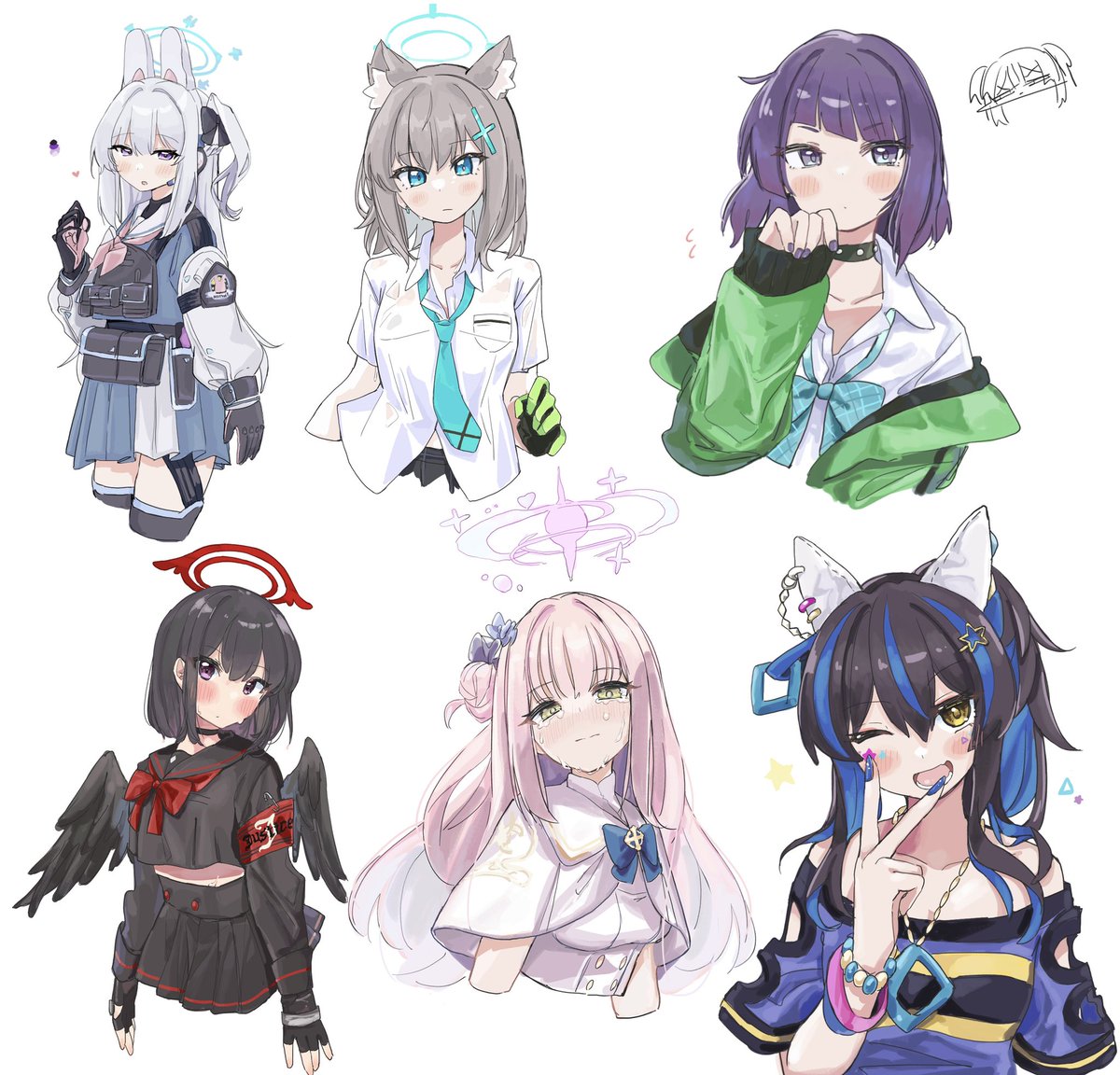 mika (blue archive) ,shiroko (blue archive) multiple girls animal ears halo 6+girls wings gloves hair ornament  illustration images