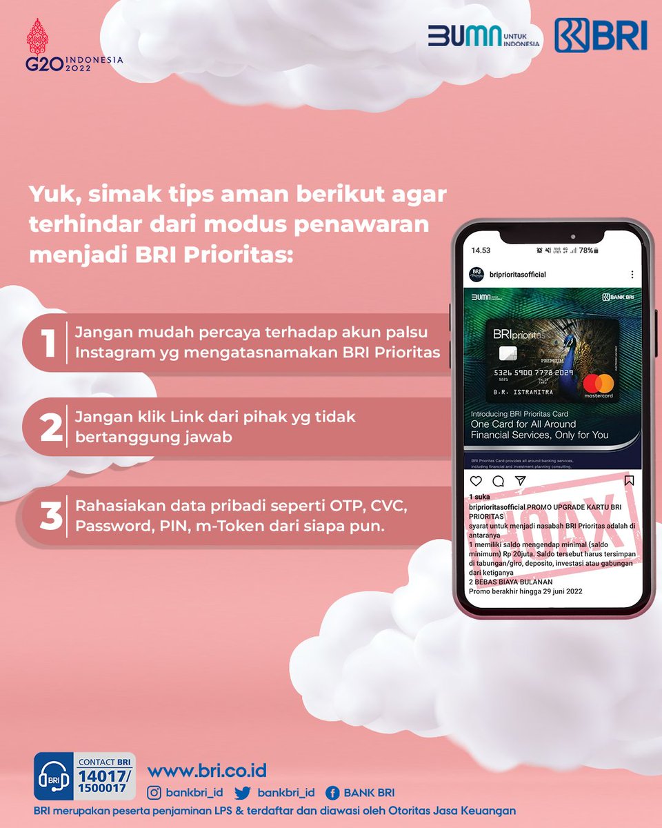 kontakBRI's tweet photo. Sobat BRI. Hati-hati modus penipuan yang menawarkan menjadi Nasabah Prioritas. Pribadi terpilih akan diberikan undangan resmi dari BRI untuk menjadi Nasabah Prioritas. Pastikan Sobat tidak memberikan data rahasia seperti Password, PIN atau OTP kepada siapa pun. 

#BRIEdukasi https://t.co/VzRIl2PV6R