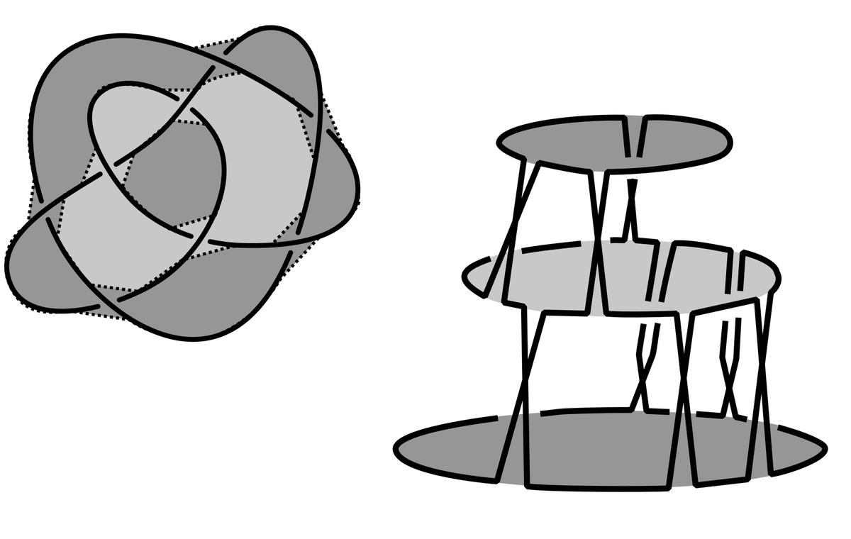 The knot 8_10 shown with three Seifert disks, from two angles. In 1934 Seifert showed that every knot has a surface bounded along it. Here, the Seifert surface is formed by attaching 8 twisted bands to the three disks, one for each crossing. #KnotTheory