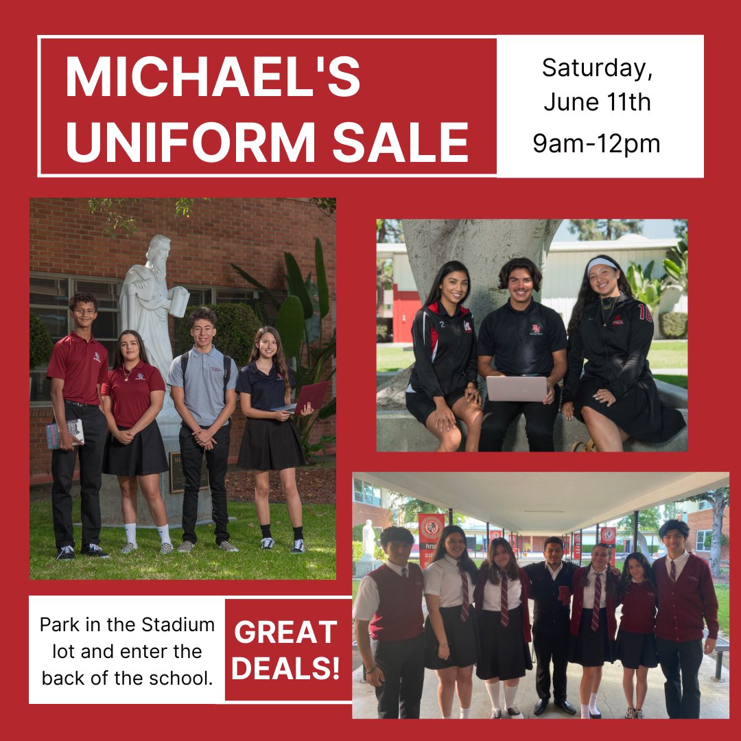 Michael’s Uniforms will be on campus Saturday, June 11 from 9am-12pm. Swing by and take advantage of some good deals! If you’re unable to make it, uniforms may also be purchased online at michaeluniform.com or in store.