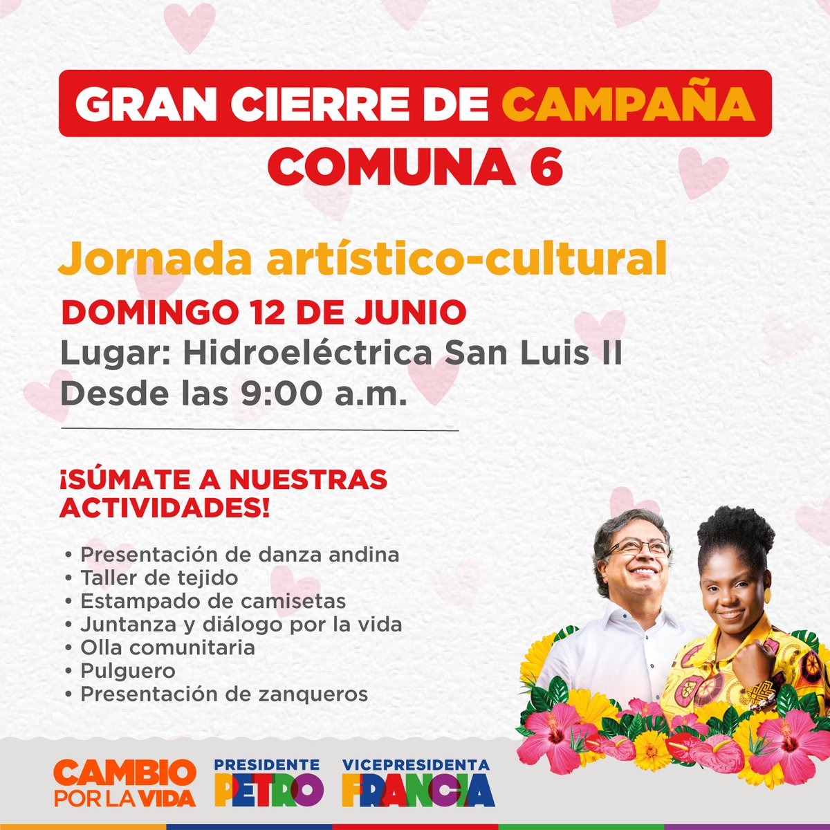 TE INVITAMOS AL CIERRE DE CAMPAÑA DE LA COMUNA 6.📢

Han sido meses de campaña donde hemos dejado todo en la calle en busca del CAMBIO. Por ello la Comuna 6, quiere despedir con la comunidad estas intensas jornadas con muestras esartísticas, culturales y olla comunitaria. 💃🎭🍲